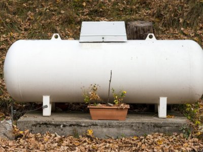 a propane gas tank  in a garden. LPG